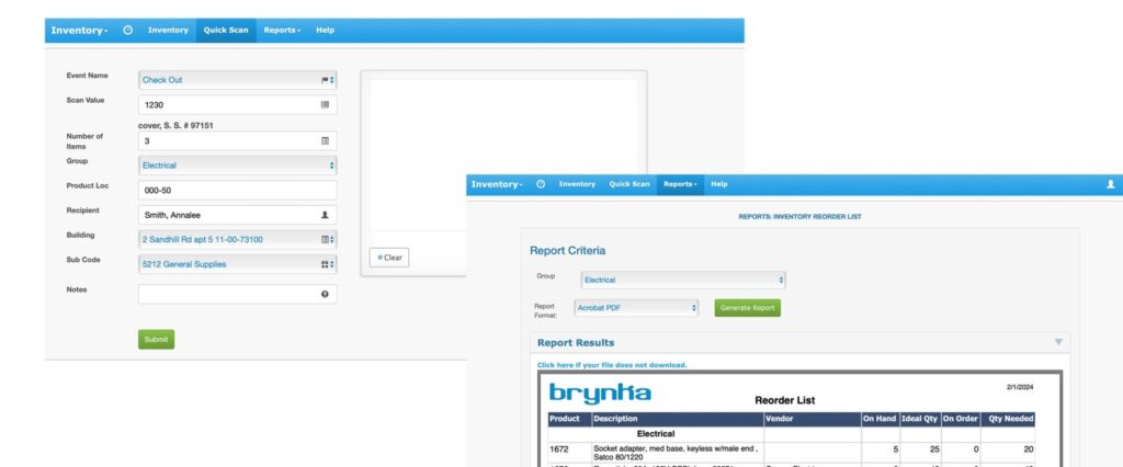 Brynka Inventory Management check-out screen and reorder list report